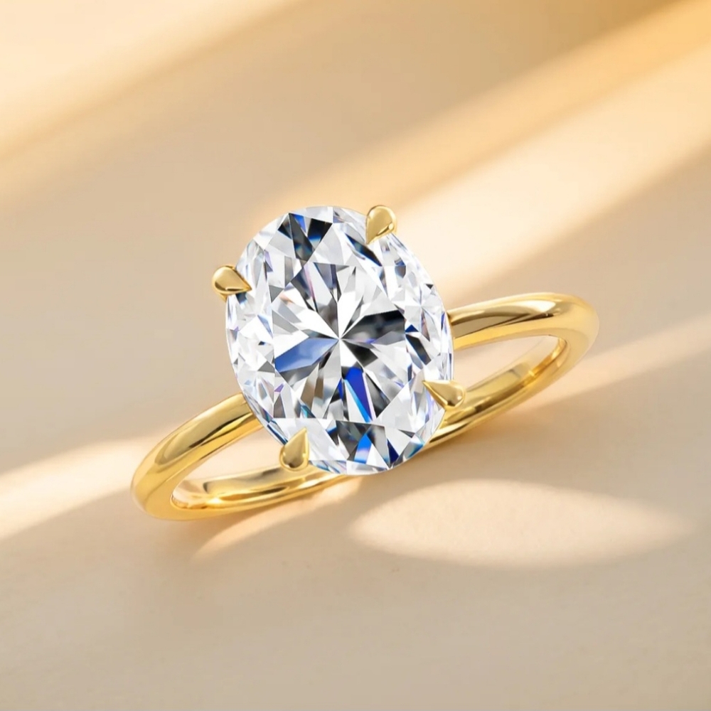 Real 14K Yellow Gold. 3Ct Oval Moissanite stone. Wedding Engagement Party ring.